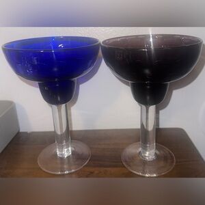 Set of Two - Blue and Purple Hand Blown Margarita Glasses